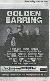 Telegraaf newspaper March 07, 2013 Golden Earring show ad 2013-03-07